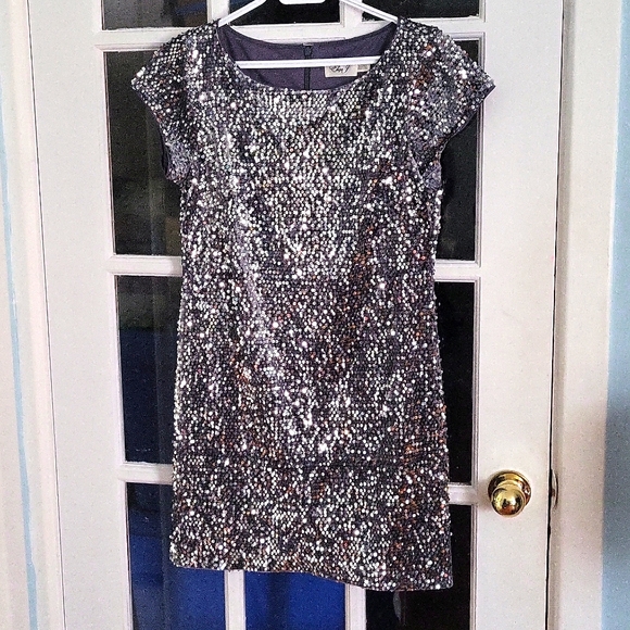Elisa J women's sequin velvet sheath dress jewelry neck cap size 12 P or L grey - Picture 5 of 8